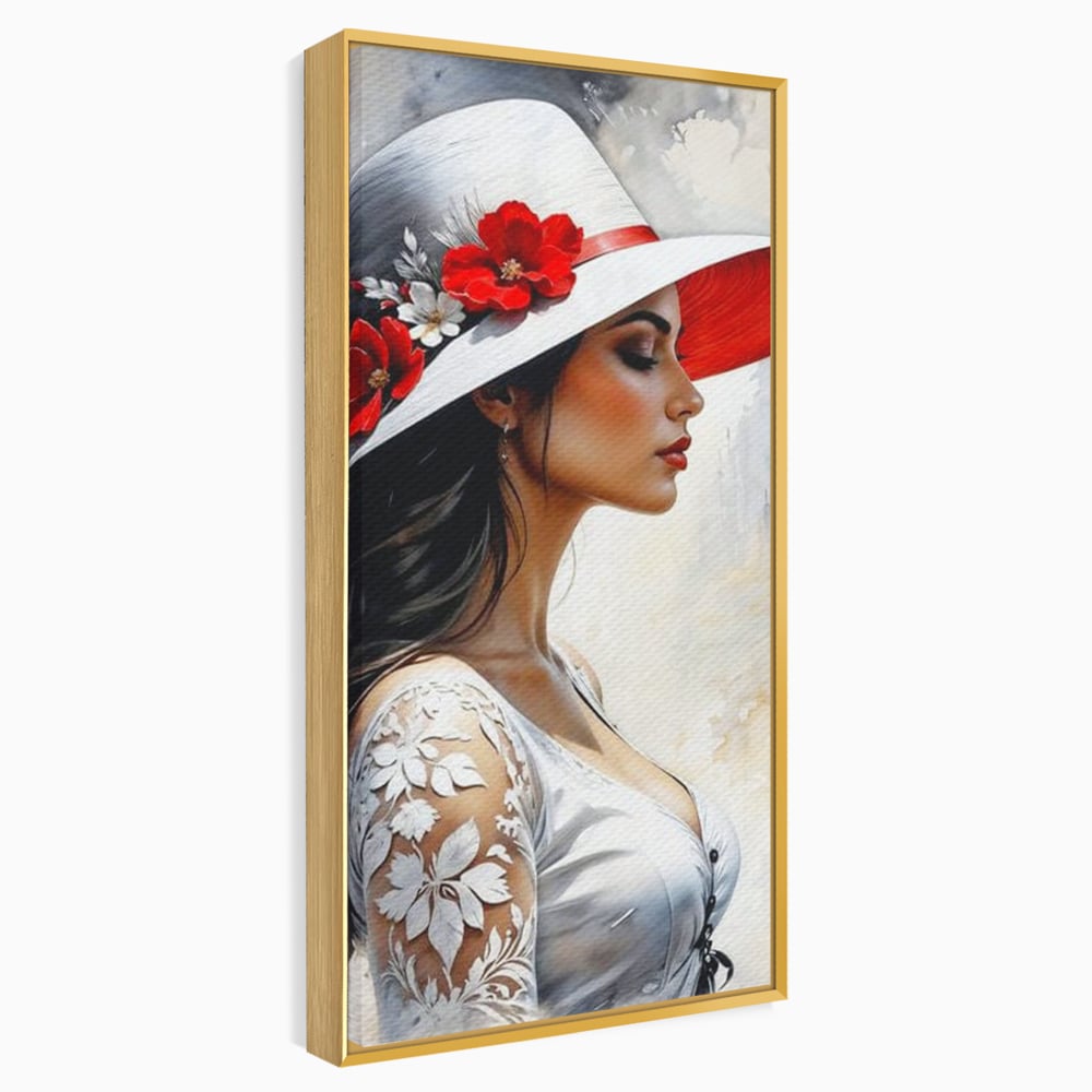 Tablou canvas cu tablou canvas cu profil de doamna, in rama de aluminiu auriu